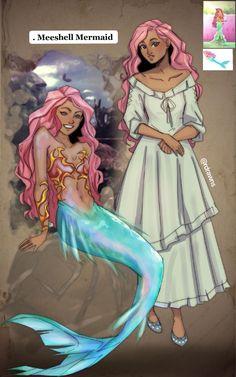 two mermaids are standing next to each other