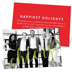 a holiday card with the words, happy holidays and three people standing in front of a window