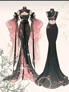 an illustration of two dresses on display in front of a flowery background, one is black and the other is pink