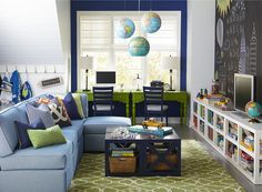 a living room filled with furniture and lots of books on the shelves next to a window