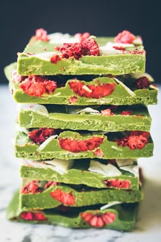 green and red desserts stacked on top of each other