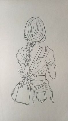 a drawing of a girl with her hair in a braid, holding a purse and looking down