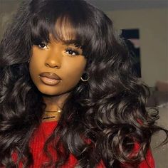 Remy Human Hair Wig Water Wave With Bangs Black Brazilian Hair 180% Density 16&quot; Cheap Human Hair, Natural Human Hair, Remy Human Hair Wigs, Human Wigs, Human Hair Wig, Brazilian Human Hair, Wig Styles, Clip In Hair Extensions, Wigs With Bangs