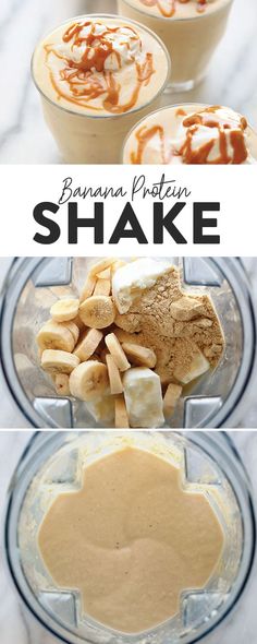 bananas and peanut butter in a blender with the words, banana protein shake