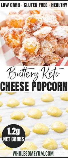 an advertisement for buttery keto cheese popcorn