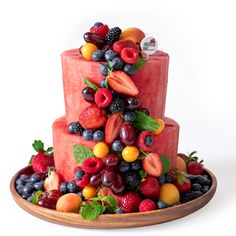 a cake with fruit on top and the words 2 tier luxury cake swipe up