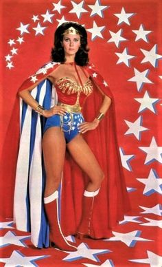 a painting of a woman dressed as wonder girl with stars all around her and the colors of the american flag