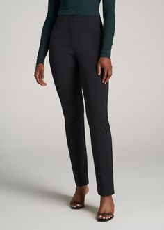 American-Tall-Women-Slim-Fit-Dress-Pant-Black-front Chic Straight Career Pants, Chic Career Straight Pants, Sleek Full-length Pants For Workwear, Sleek Full Length Workwear Pants, Sleek Black Stretch Dress Pants, Sleek Stretch Black Dress Pants, Fitted Business Casual Pantsuit, Chic Straight Leg Career Dress Pants, Elastane Dress Pants For Office