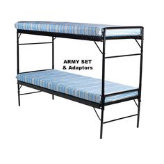 the bunk bed is black with blue stripes on it and has two sets of mattresses