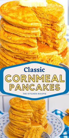 a stack of cornmeal pancakes sitting on top of a blue and white plate