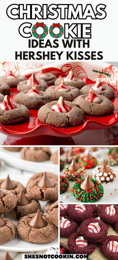 Photo collage of Christmas cookies with Hershey kisses. Easy Christmas Cookies Peanut Butter, Cherry Cordial Kiss Cookies, Hershey Drop Cookies, Hershey’s Kiss Cookies, Peanut Butter Hershey Kiss Cookie Recipe, Christmas Cookies With Reese Cups, Stamp Sugar Cookies, Christmas Cookies Tin Gift Ideas, Jello Christmas Cookies