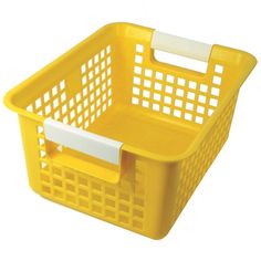 a yellow plastic basket with white handles and grids on the sides, is shown