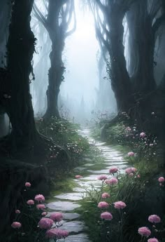 a path in the middle of a forest with pink flowers