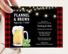 a black and red plaid beer themed birthday party card with lights on the wall behind it