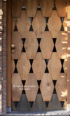 a wooden door with geometric designs on the front and side panels that say details of our projects or materials