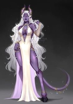 a drawing of a woman with long white hair and purple clothes, standing in front of a