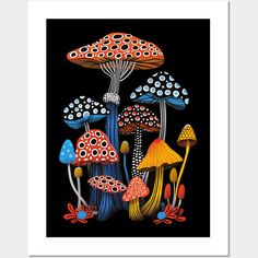 a painting of mushrooms on a black background