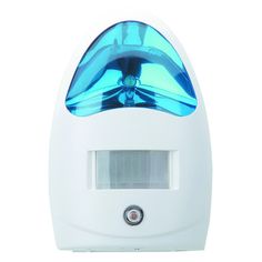 a white alarm clock with blue light on it