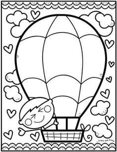 a hot air balloon in the sky with hearts and clouds on it's side