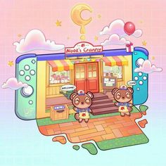 two cartoon bears standing in front of a store