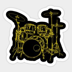 a yellow drum set on a black background with the words drums written in white ink