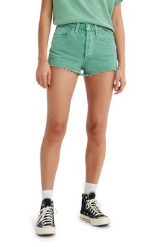 An eye-catching green wash refreshes the iconic style of nonstretch-denim shorts that define your waist and end in frayed hems. 2 1/2" inseam; 24" leg opening; 11" front rise; 16" back rise (size 29) Button fly Five-pocket style 100% cotton Machine wash, tumble dry Imported Green Denim Jean Shorts For Spring, Spring Green Denim Jean Shorts, Fitted Green Jean Shorts Casual Style, Fitted Green Jean Shorts For Spring, Spring Green Washed Bottoms, Levi's Cutoff Jean Shorts, Levi's Cotton Cutoff Shorts, Levi's Cutoff Cotton Shorts, Casual Green Cutoff Jean Shorts