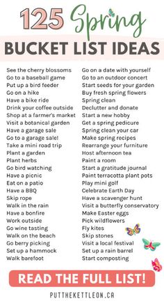 the 25 spring bucket list is shown with text overlaying it and an image of butterflies