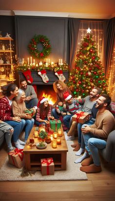 a group of people sitting around a christmas tree