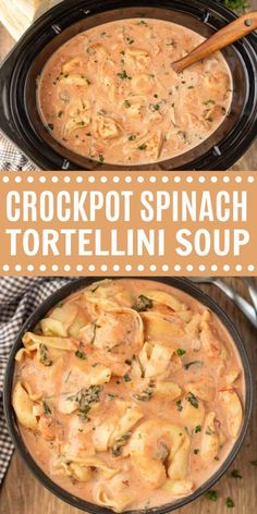 crockpot spinach tortellini soup in a black bowl