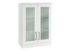 a white cabinet with glass doors on the front and bottom shelves, both side by side