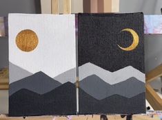 two paintings are sitting on a easel in the process of being painted with acrylic paint