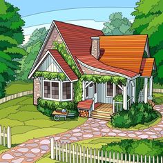 a drawing of a house in the middle of a yard with a pathway leading to it