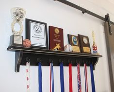 a shelf with medals and plaques on it next to a basketball trophy, award plaque and other items