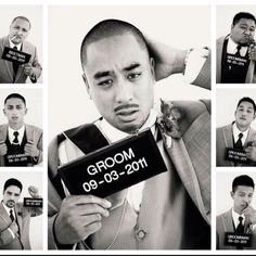 black and white photograph of man in suit holding up sign that says groom 08 - 23 - 2011