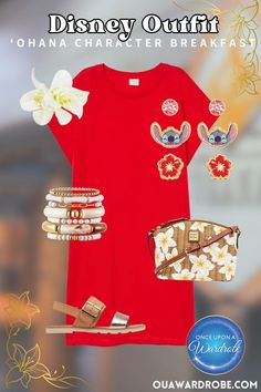 a red dress with white flowers on it and other accessories in front of the image