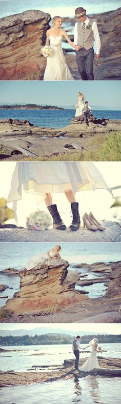 the bride and groom are walking along the beach