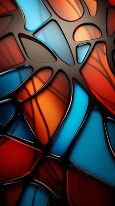 an abstract stained glass design in red, blue and orange