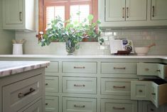 a kitchen with white cabinets and green plants in a vase on the window sill