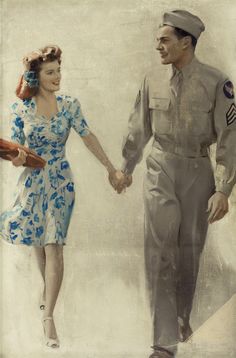 a painting of a man and woman holding hands