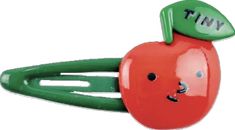 an apple shaped hair clip with the word fruit on it's top and bottom