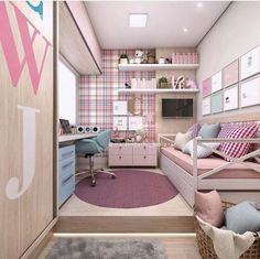 a bedroom with pink and blue decor on the walls, carpeted flooring and built - in shelving