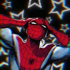 a spider man with his hands on his head and eyes closed, standing in front of an abstract background