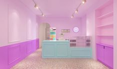 a pink and blue counter in a room with purple flooring, white walls and shelves