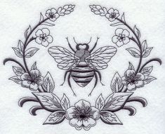 a drawing of a bee with flowers and leaves in the center on a white background