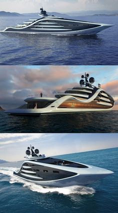 three different views of a large boat in the ocean