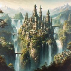 a painting of a castle in the middle of a waterfall