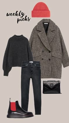 Everyday Fall Boots, Chunky Brown Chelsea Boots Outfit, Arket Leather Crossbody Bag, Chunky Grey Sweater Outfit, Brown Herringbone Coat, Dark Autumn Style Outfit, Grey Herringbone Coat Outfit, German Winter Fashion, Everyday Outfits Fall 2023