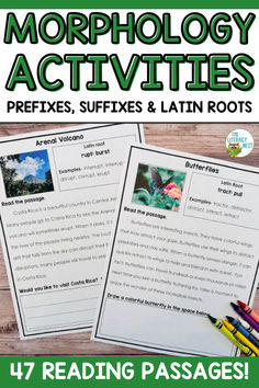 an activity booklet for reading and writing with the text, morphlogy activities reflexs, suffixes & latin roots