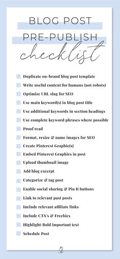 a blue and white checklist with the words blog post prepublish