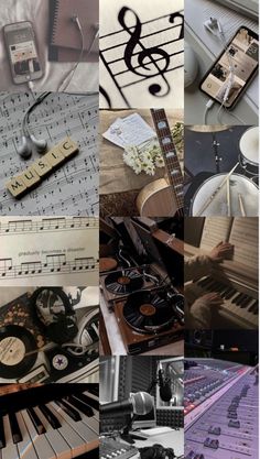 a collage of musical instruments and music notes